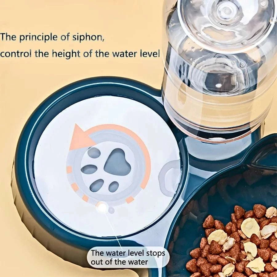 Pet Bowls With Water Feeder, 3 In 1 Ear Design Tilted Cat Water And Food Bowl Set With Gravity Water Bottle For Neck Protection Writings On The Wall 