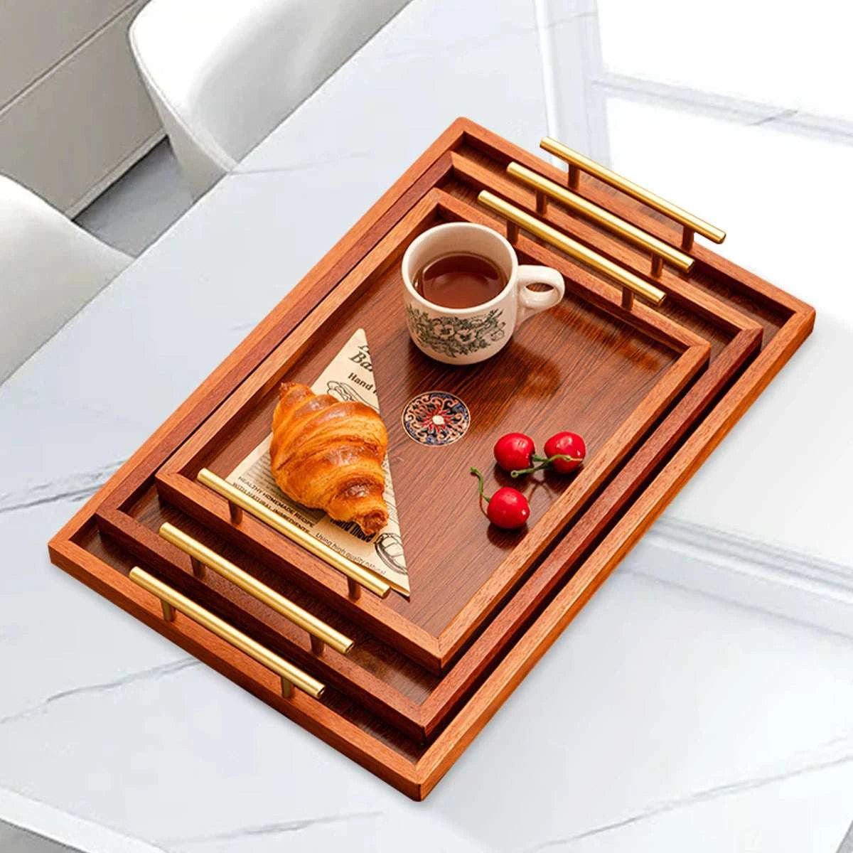 Wooden Serving Tray Set of 3 with Metal Handles - Multi-functional Breakfast, Party & Storage Platters (Brown) Writings On The Wall 