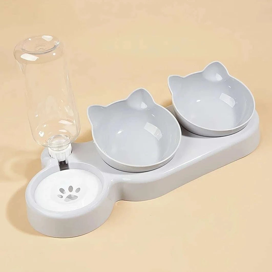 Pet Bowls With Water Feeder, 3 In 1 Ear Design Tilted Cat Water And Food Bowl Set With Gravity Water Bottle For Neck Protection Writings On The Wall 