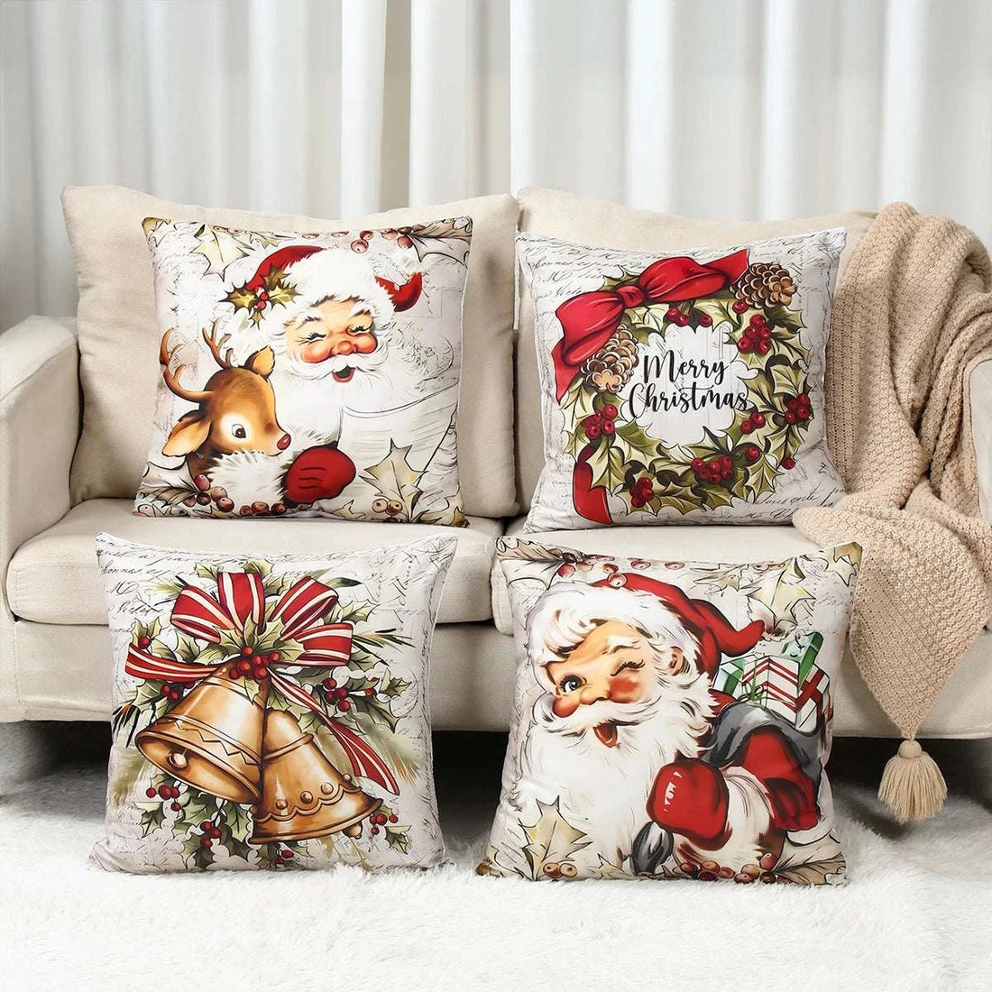 4pcs Merry Christmas Cushion Cover Home Decorations 2025 Christmas Ornament Pillow Case Xmas Navidad Gifts New Year Gifts 2026 Writings On The Wall 