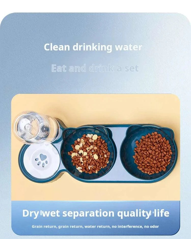 Pet Bowls With Water Feeder, 3 In 1 Ear Design Tilted Cat Water And Food Bowl Set With Gravity Water Bottle For Neck Protection Writings On The Wall 