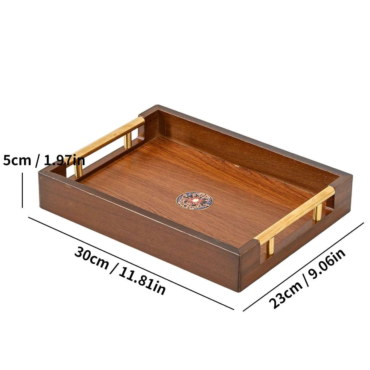 Solid Wood Rectangle Serving Tray with Gold Metal Handles - Coffee Table Ottoman Kitchen Decor 17.7x11.8'' Brown Writings On The Wall 