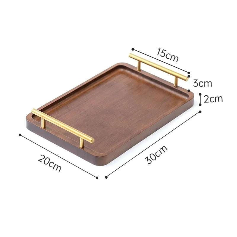 HeMu-Right Angled Bamboo Tray Handle, New Chinese Tea Set Bamboo Hotel Small Tea Tray Wooden Family Breakfast Tray Metal Handle Writings On The Wall 