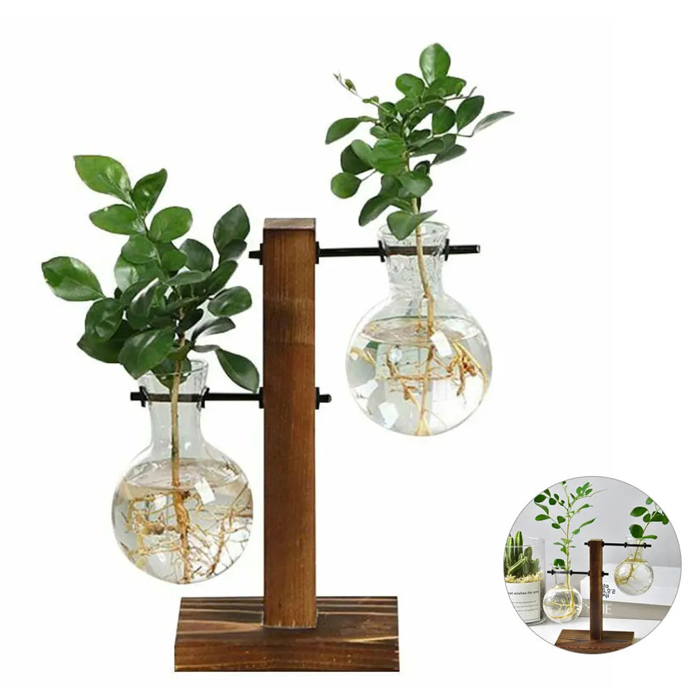 Creative Glass Desktop Planter Bulb Vase Wooden Stand Hydroponic Plant Container Decor Home Tabletop Decor Vases