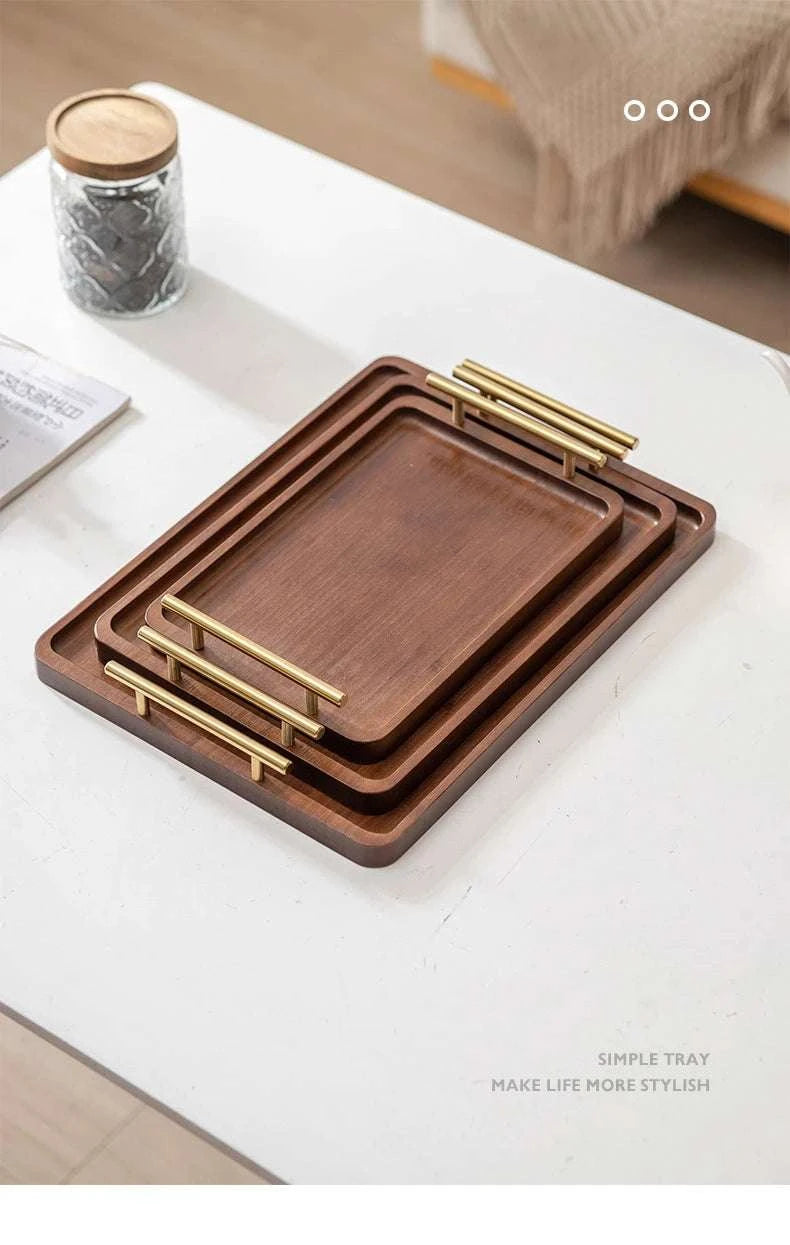 HeMu-Right Angled Bamboo Tray Handle, New Chinese Tea Set Bamboo Hotel Small Tea Tray Wooden Family Breakfast Tray Metal Handle Writings On The Wall 