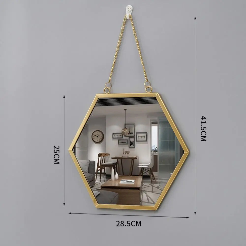 Wrought Iron Nordic Decorative Mirror Round/Hexagonal/Rectangle Metal Chain Creative Makeup Mirror Stable Single-sided
