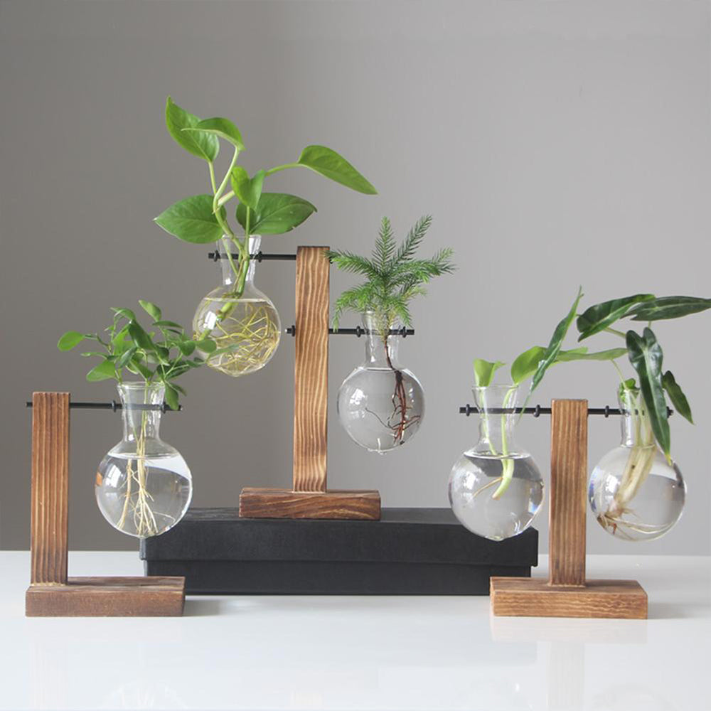 Creative Glass Desktop Planter Bulb Vase Wooden Stand Hydroponic Plant Container Home Tabletop Decor Vases