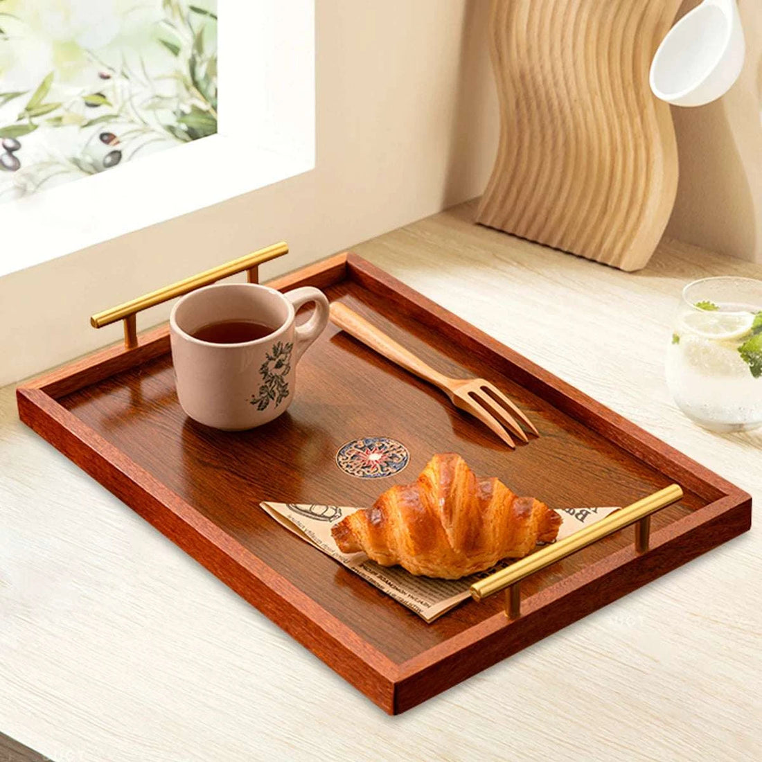 Wooden Serving Tray Set of 3 with Metal Handles - Multi-functional Breakfast, Party & Storage Platters (Brown) Writings On The Wall 
