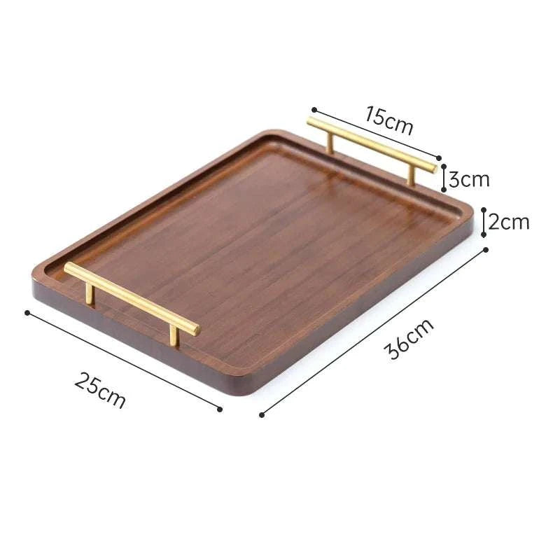 HeMu-Right Angled Bamboo Tray Handle, New Chinese Tea Set Bamboo Hotel Small Tea Tray Wooden Family Breakfast Tray Metal Handle Writings On The Wall 