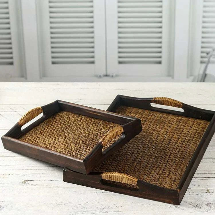 Wooden Tray Thai Rattan Beauty Salon Tray Hotel Rectangular Water Cup Tea Cup Storage Tea Tray Writings On The Wall 