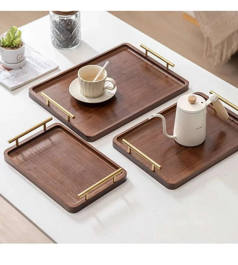 HeMu-Right Angled Bamboo Tray Handle, New Chinese Tea Set Bamboo Hotel Small Tea Tray Wooden Family Breakfast Tray Metal Handle Writings On The Wall 
