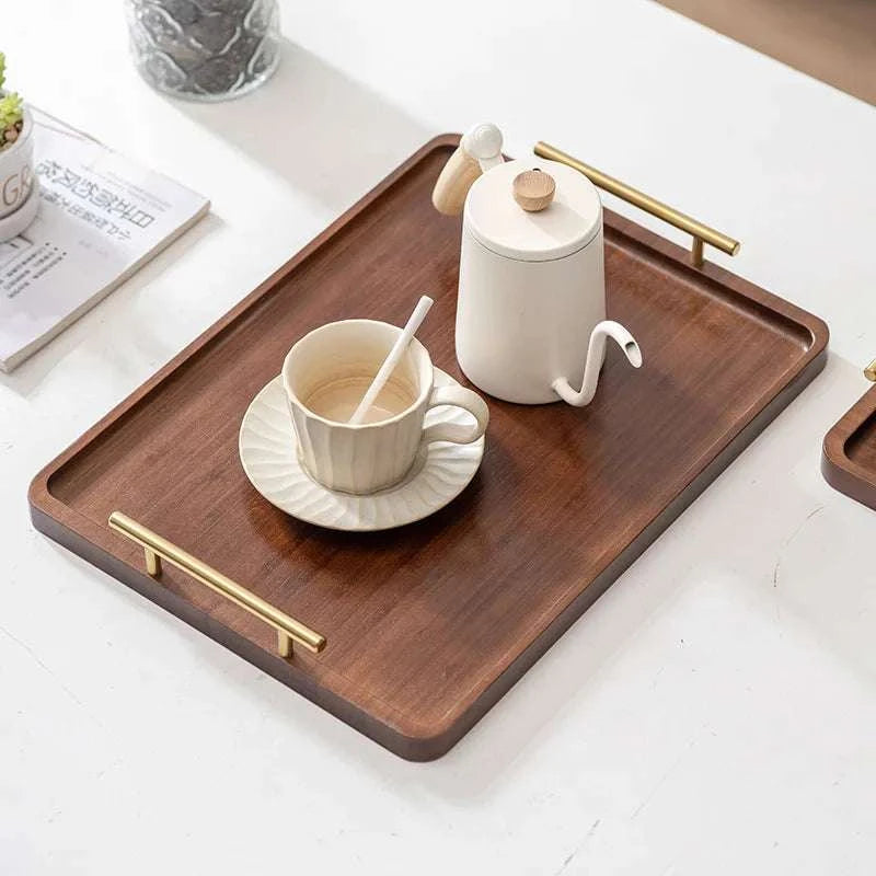 HeMu-Right Angled Bamboo Tray Handle, New Chinese Tea Set Bamboo Hotel Small Tea Tray Wooden Family Breakfast Tray Metal Handle Writings On The Wall 