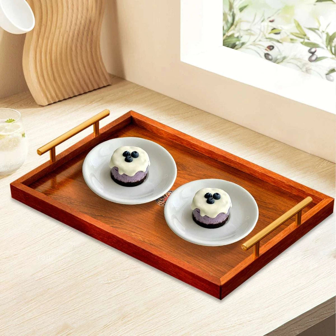 Wooden Serving Tray Set of 3 with Metal Handles - Multi-functional Breakfast, Party & Storage Platters (Brown) Writings On The Wall 