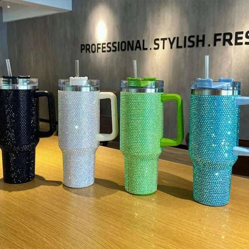 40oz Shiny Diamond Shiny Diamond Tumble Coffee Insulation Cup Stainless Steel Car Bottle Straw Large Capacity Rhinestone Cup Writings On The Wall 