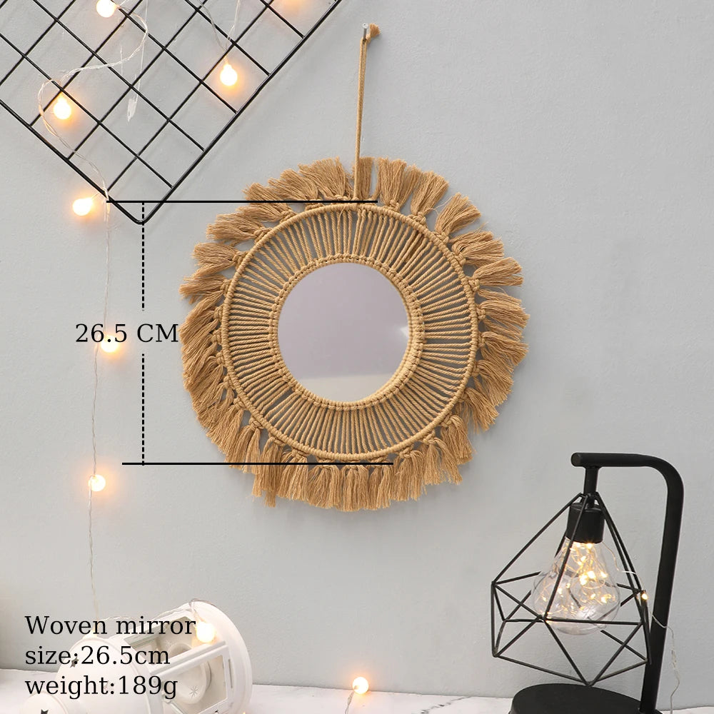 Round Wall Mirrors Room Decor Hand Woven Decorative Mirror Wall Hanging Mirror for Apartment Living Room Bedroom Home Decoration