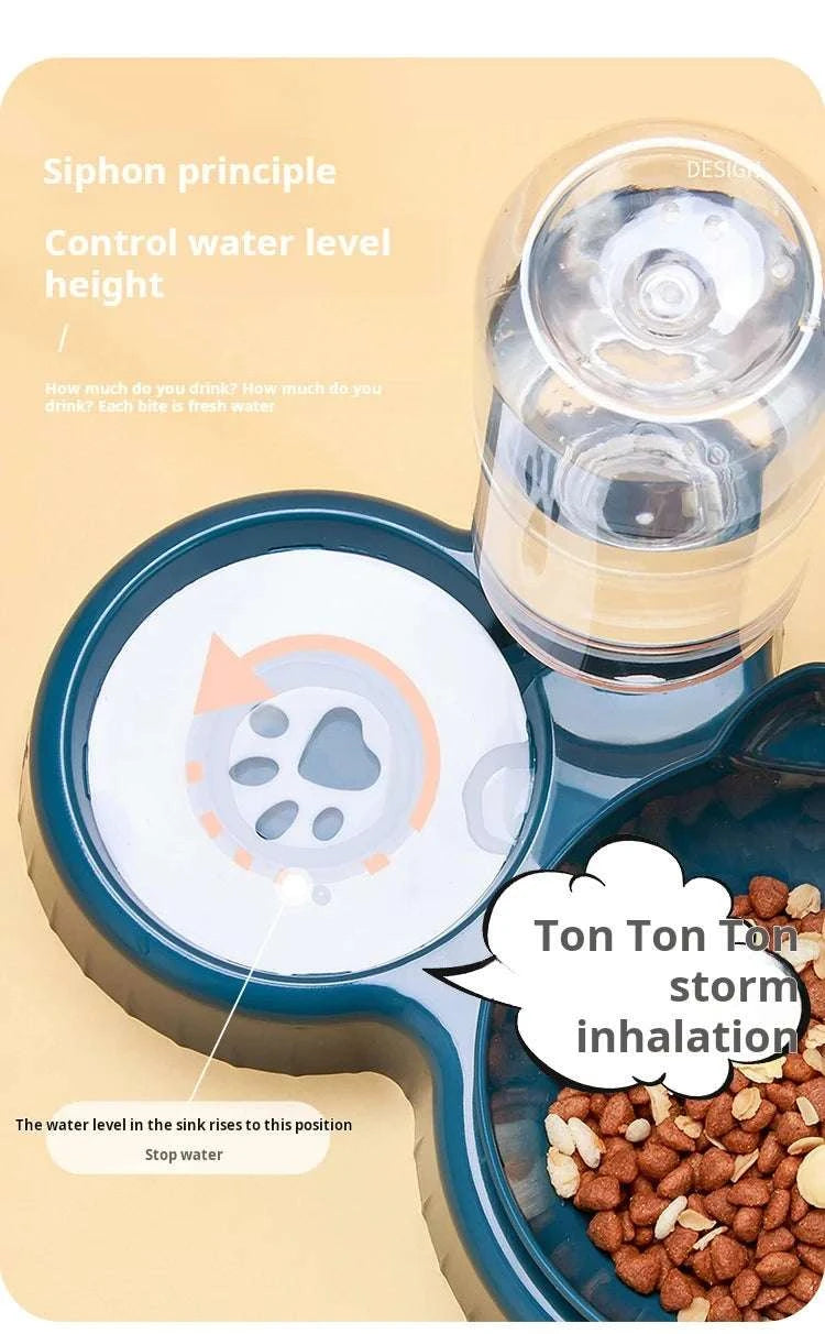 Pet Bowls With Water Feeder, 3 In 1 Ear Design Tilted Cat Water And Food Bowl Set With Gravity Water Bottle For Neck Protection Writings On The Wall 