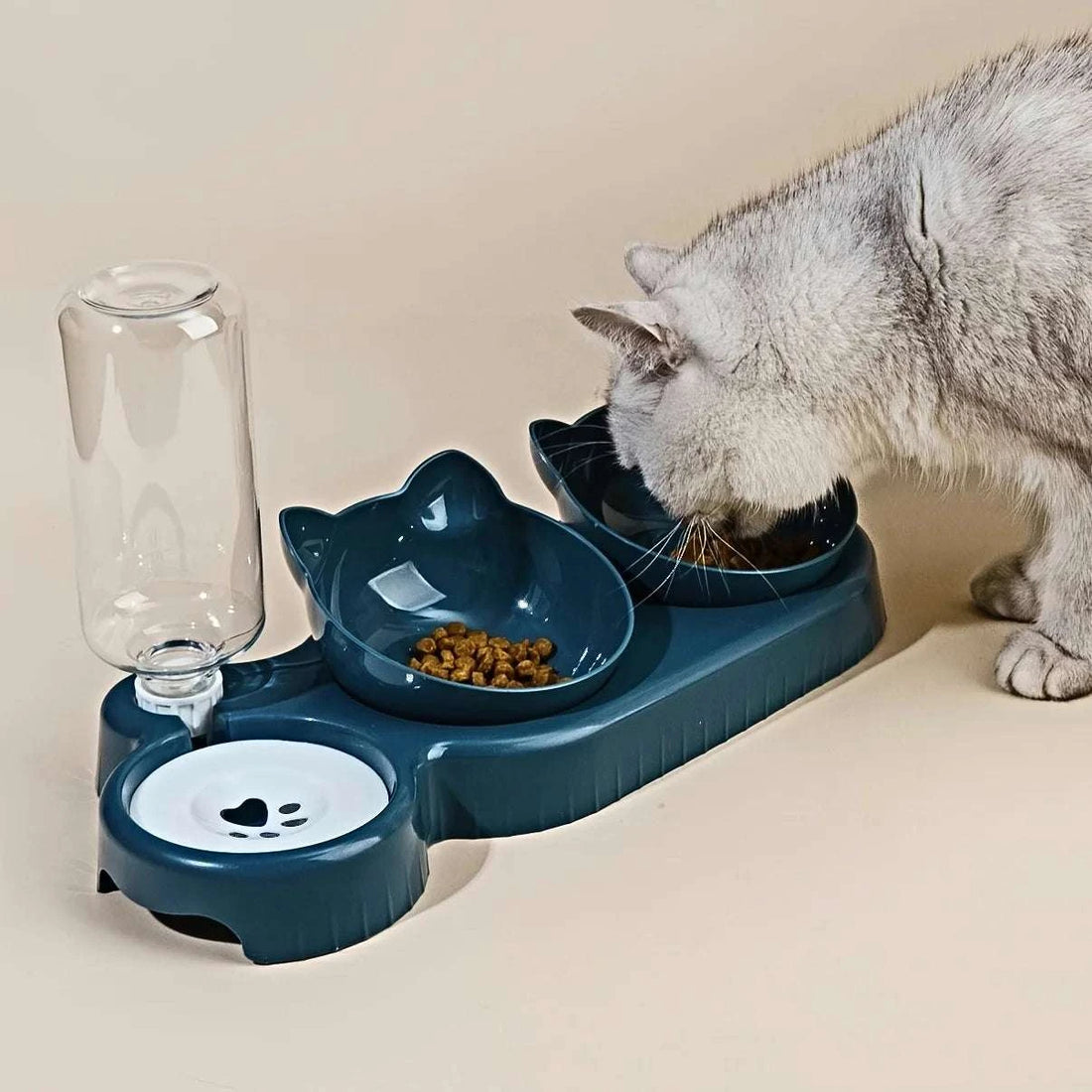 Pet Bowls With Water Feeder, 3 In 1 Ear Design Tilted Cat Water And Food Bowl Set With Gravity Water Bottle For Neck Protection Writings On The Wall 
