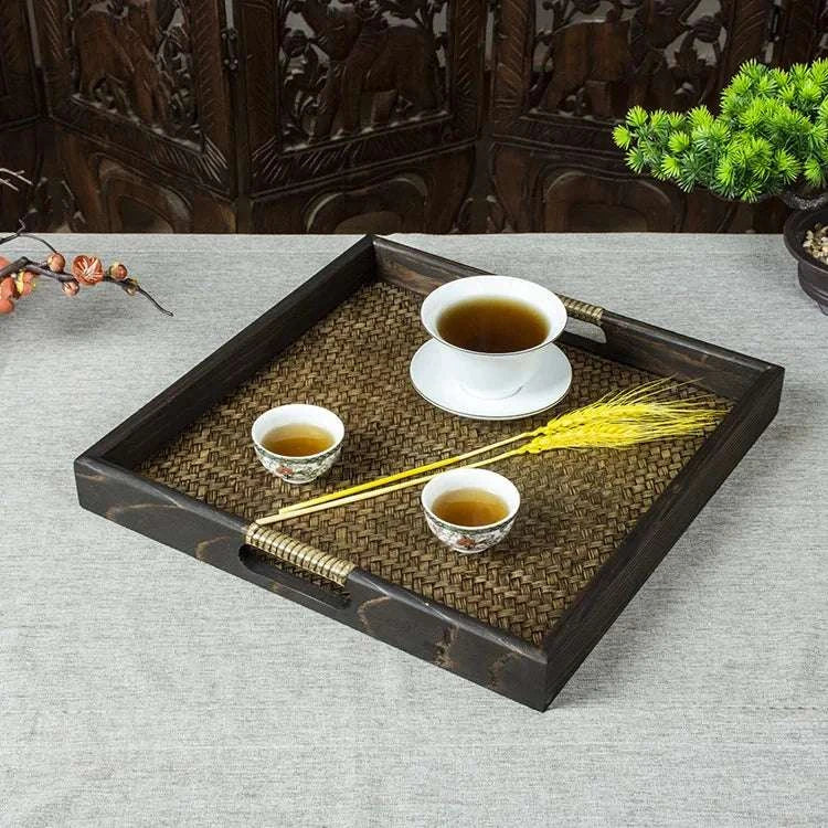 Wooden Tray Thai Rattan Beauty Salon Tray Hotel Rectangular Water Cup Tea Cup Storage Tea Tray Writings On The Wall 