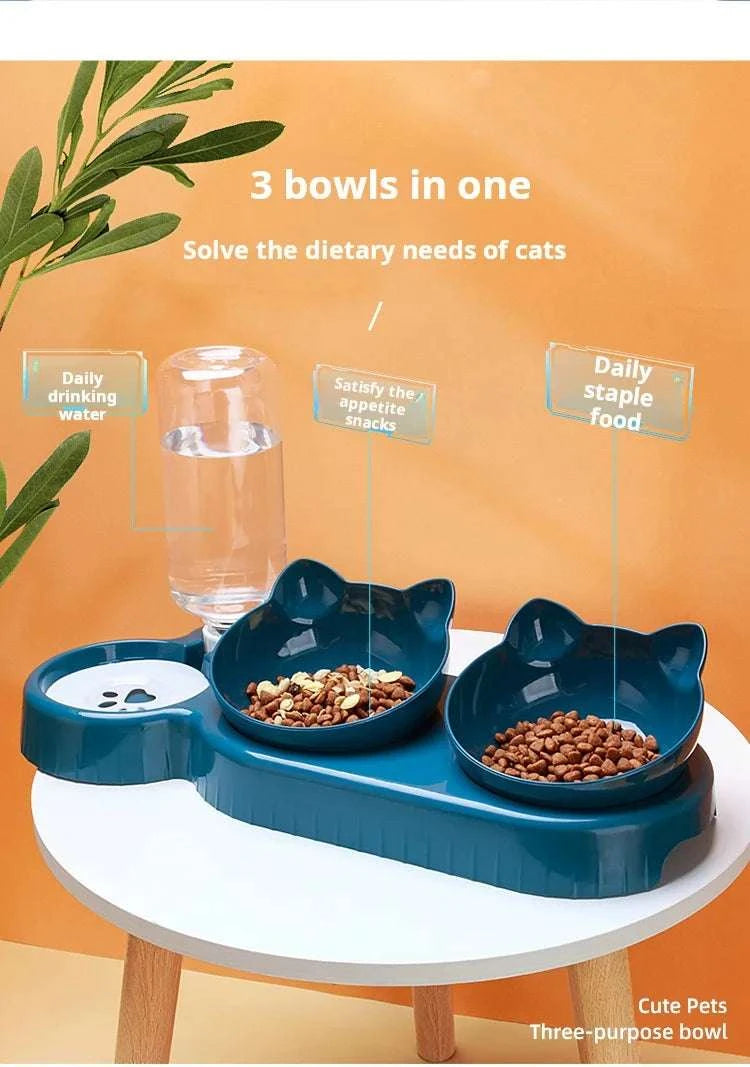 Pet Bowls With Water Feeder, 3 In 1 Ear Design Tilted Cat Water And Food Bowl Set With Gravity Water Bottle For Neck Protection Writings On The Wall 