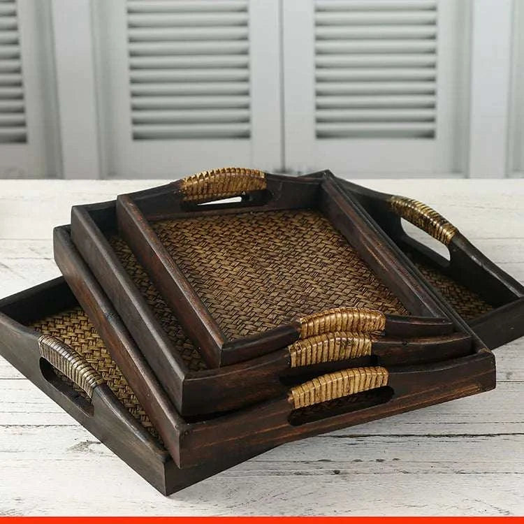 Wooden Tray Thai Rattan Beauty Salon Tray Hotel Rectangular Water Cup Tea Cup Storage Tea Tray Writings On The Wall 
