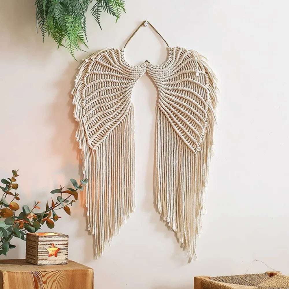 Macrame Wing Tapestry Boho Style Hand-woven Wall Hanging Ornaments with Tassels Symmetrical Background Wall Decoration Writings On The Wall 