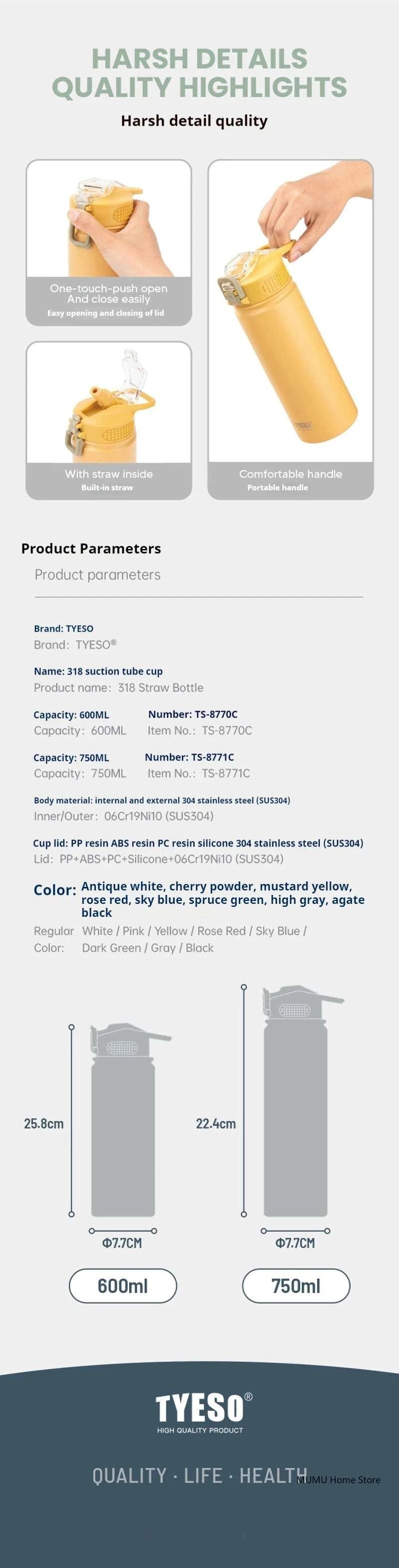 TYESO 600/750ML Thermos Bottle With Straw Stainless Steel Car Thermal Cup Sports Water Bottles Keeps Cold and Heat Thermal Mug Writings On The Wall 