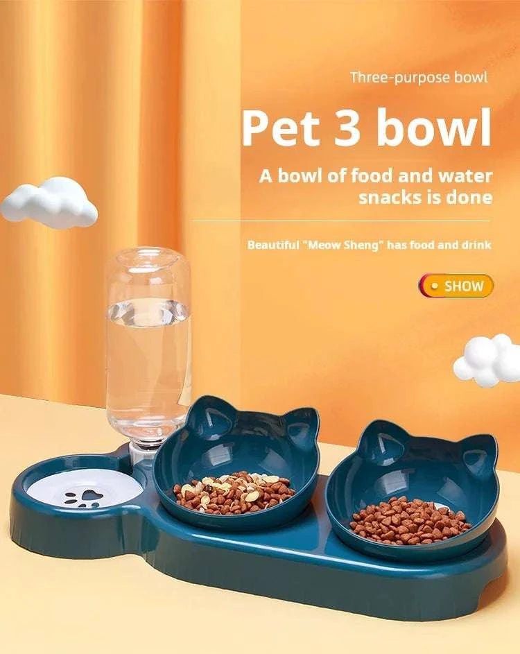 Pet Bowls With Water Feeder, 3 In 1 Ear Design Tilted Cat Water And Food Bowl Set With Gravity Water Bottle For Neck Protection Writings On The Wall 
