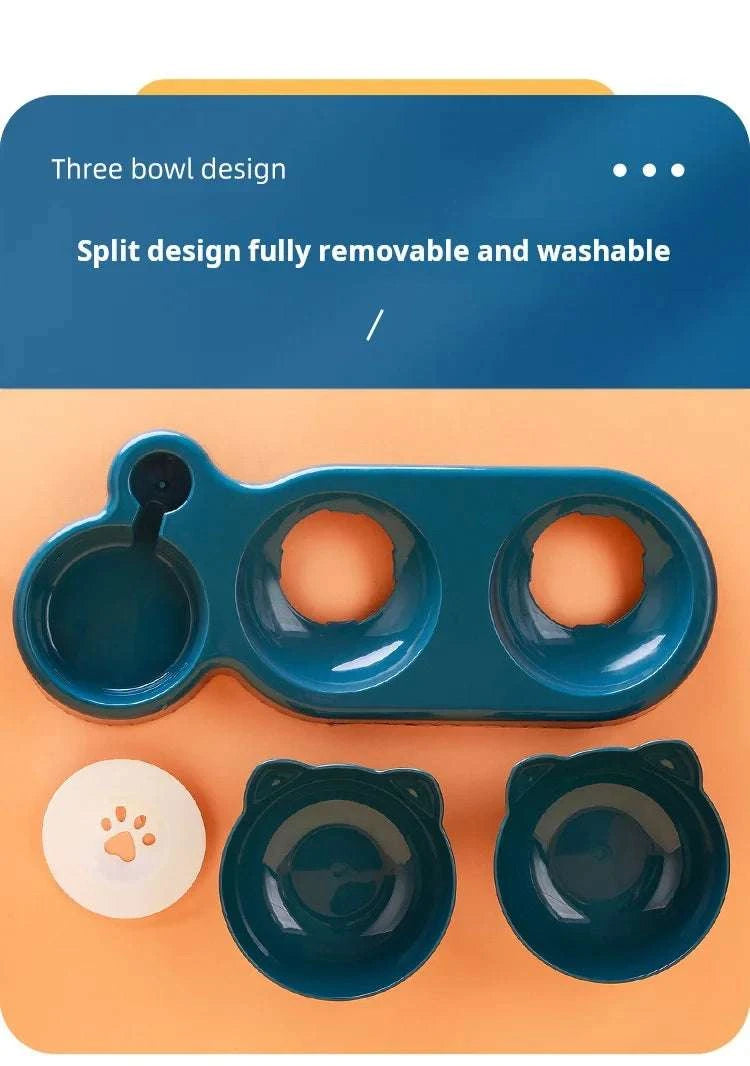 Pet Bowls With Water Feeder, 3 In 1 Ear Design Tilted Cat Water And Food Bowl Set With Gravity Water Bottle For Neck Protection Writings On The Wall 