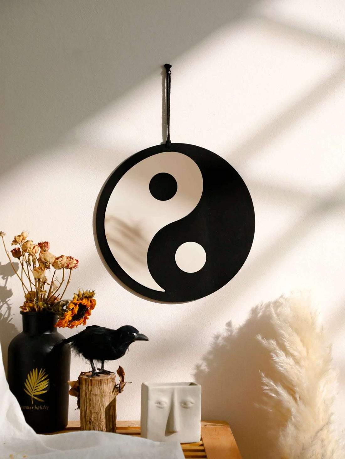 Wooden Mirror Home Decor Boho Wall Mirrors for Living Room Bedroom Tai Chi Yin Yang Wood Mirrors Room House Feng Shui Decoration Writings On The Wall 