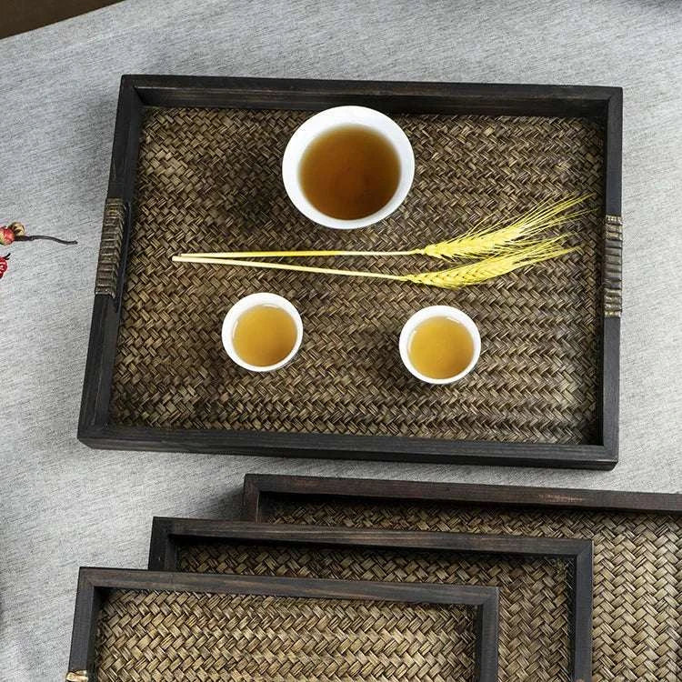 Wooden Tray Thai Rattan Beauty Salon Tray Hotel Rectangular Water Cup Tea Cup Storage Tea Tray Writings On The Wall 
