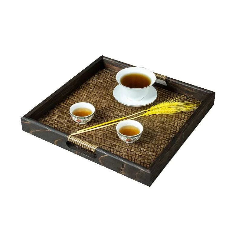 Wooden Tray Thai Rattan Beauty Salon Tray Hotel Rectangular Water Cup Tea Cup Storage Tea Tray Writings On The Wall 