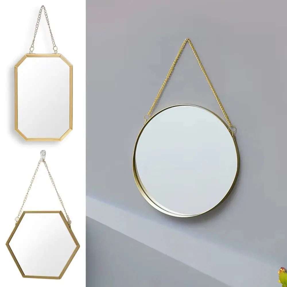 Wrought Iron Nordic Decorative Mirror Round/Hexagonal/Rectangle Metal Chain Creative Makeup Mirror Stable Single-sided Writings On The Wall 