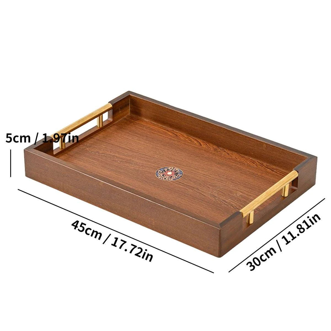 Solid Wood Rectangle Serving Tray with Gold Metal Handles - Coffee Table Ottoman Kitchen Decor 17.7x11.8'' Brown Writings On The Wall 