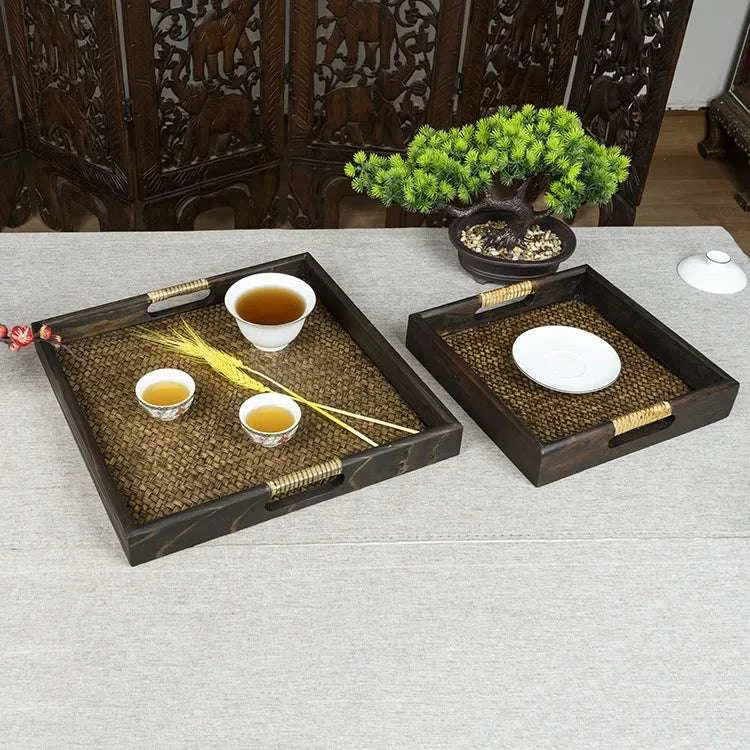 Wooden Tray Thai Rattan Beauty Salon Tray Hotel Rectangular Water Cup Tea Cup Storage Tea Tray Writings On The Wall 