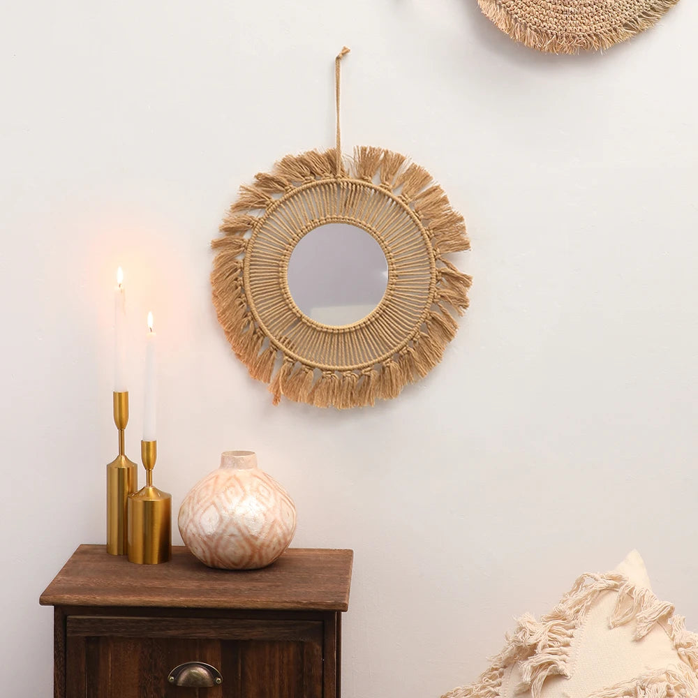 Round Wall Mirrors Room Decor Hand Woven Decorative Mirror Wall Hanging Mirror for Apartment Living Room Bedroom Home Decoration