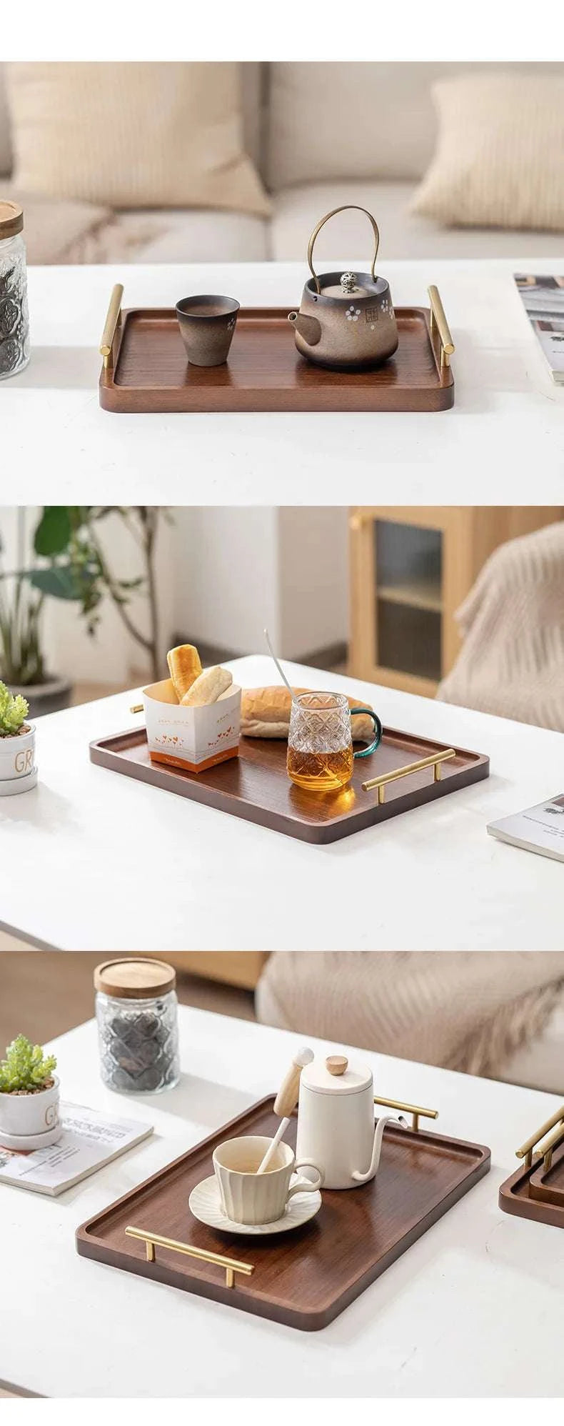 HeMu-Right Angled Bamboo Tray Handle, New Chinese Tea Set Bamboo Hotel Small Tea Tray Wooden Family Breakfast Tray Metal Handle Writings On The Wall 