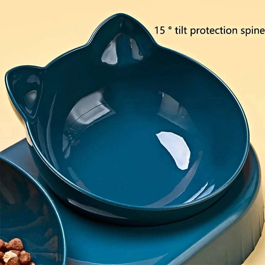 Pet Bowls With Water Feeder, 3 In 1 Ear Design Tilted Cat Water And Food Bowl Set With Gravity Water Bottle For Neck Protection Writings On The Wall 