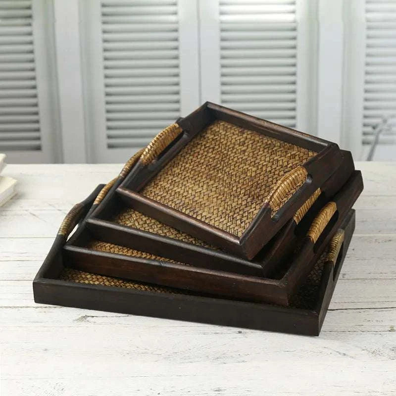 Wooden Tray Thai Rattan Beauty Salon Tray Hotel Rectangular Water Cup Tea Cup Storage Tea Tray Writings On The Wall 