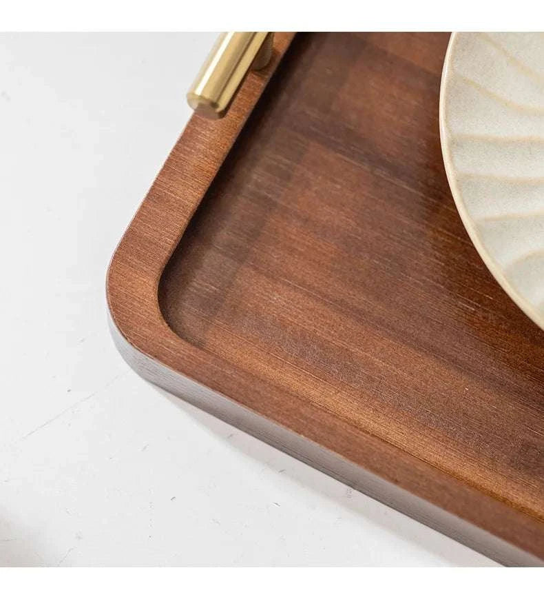 HeMu-Right Angled Bamboo Tray Handle, New Chinese Tea Set Bamboo Hotel Small Tea Tray Wooden Family Breakfast Tray Metal Handle Writings On The Wall 