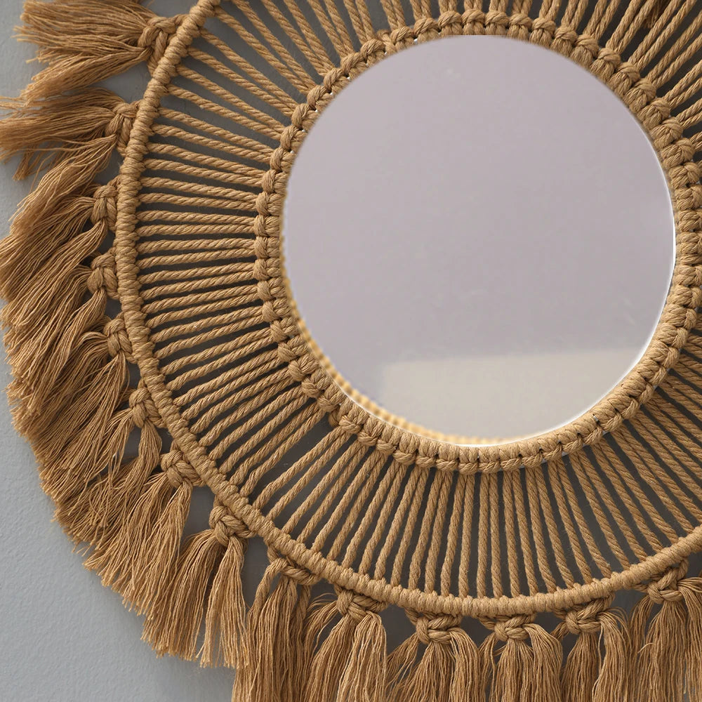 Round Wall Mirrors Room Decor Hand Woven Decorative Mirror Wall Hanging Mirror for Apartment Living Room Bedroom Home Decoration