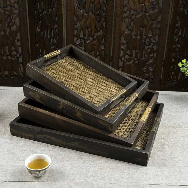 Wooden Tray Thai Rattan Beauty Salon Tray Hotel Rectangular Water Cup Tea Cup Storage Tea Tray Writings On The Wall 