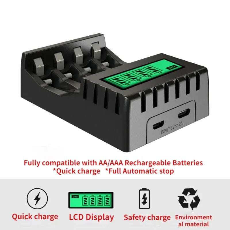 4 Slots Inteligent LCD Display Battery Charger Suitable for 1.2V AAAVAA Ni-Cd/Ni-Mh Rechargeable Battery Fast Charging Durable Writings On The Wall 