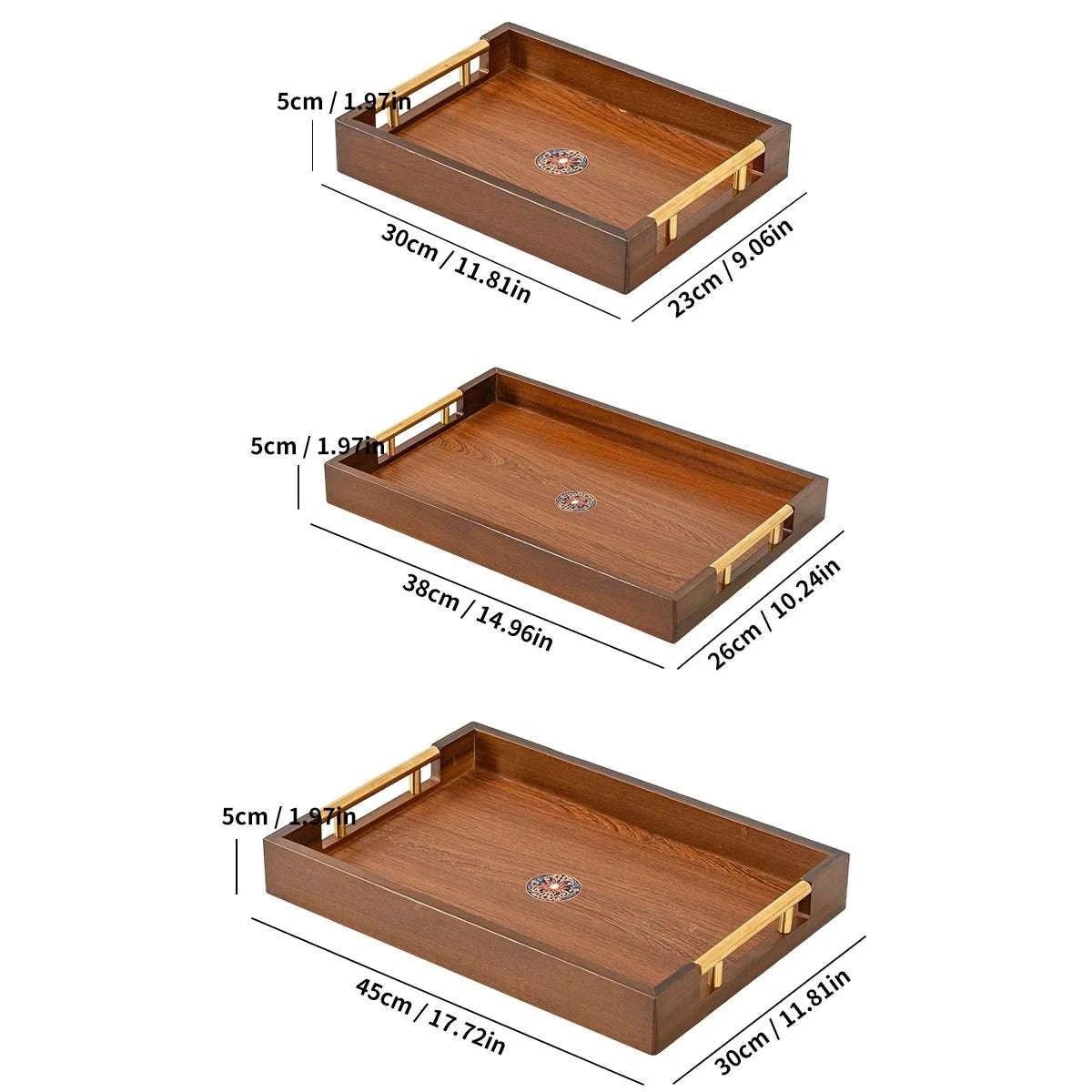 Solid Wood Rectangle Serving Tray with Gold Metal Handles - Coffee Table Ottoman Kitchen Decor 17.7x11.8'' Brown Writings On The Wall 