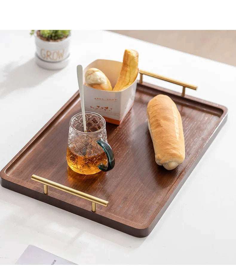HeMu-Right Angled Bamboo Tray Handle, New Chinese Tea Set Bamboo Hotel Small Tea Tray Wooden Family Breakfast Tray Metal Handle Writings On The Wall 