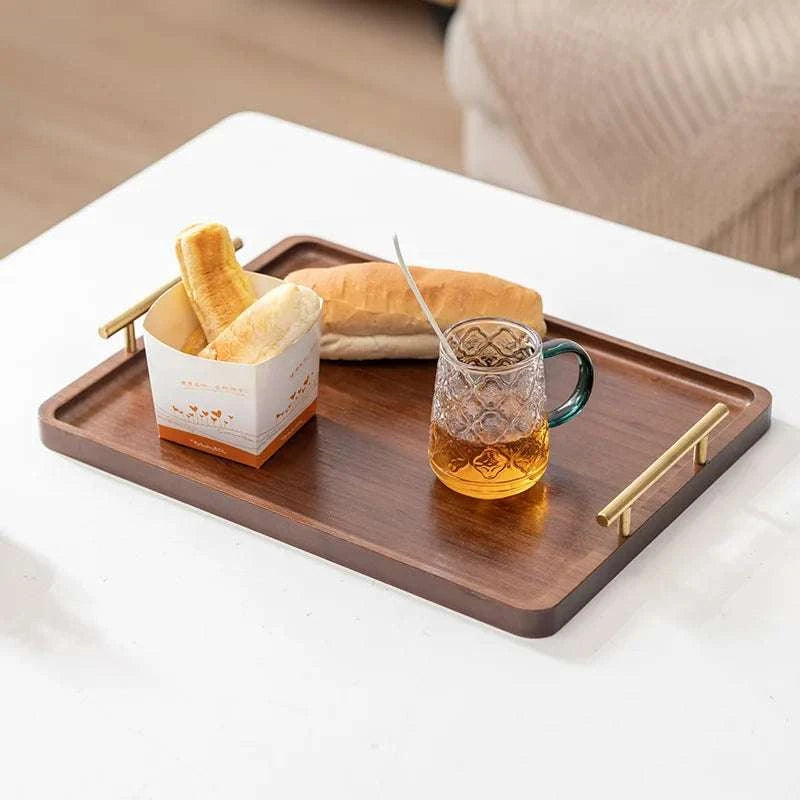 HeMu-Right Angled Bamboo Tray Handle, New Chinese Tea Set Bamboo Hotel Small Tea Tray Wooden Family Breakfast Tray Metal Handle Writings On The Wall 