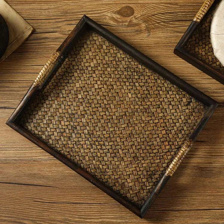 Wooden Tray Thai Rattan Beauty Salon Tray Hotel Rectangular Water Cup Tea Cup Storage Tea Tray Writings On The Wall 
