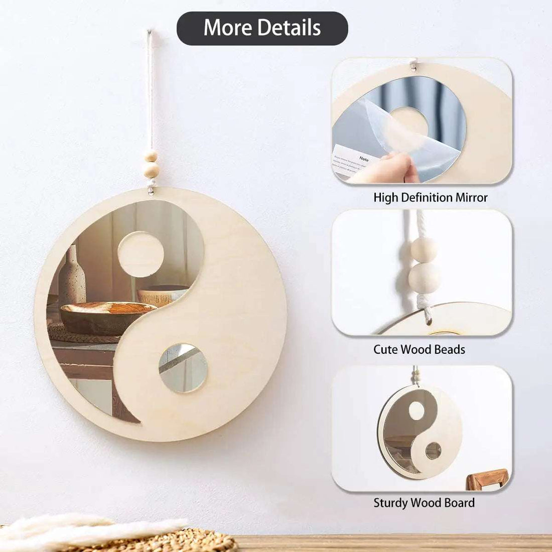 Wooden Mirror Home Decor Boho Wall Mirrors for Living Room Bedroom Tai Chi Yin Yang Wood Mirrors Room House Feng Shui Decoration Writings On The Wall 