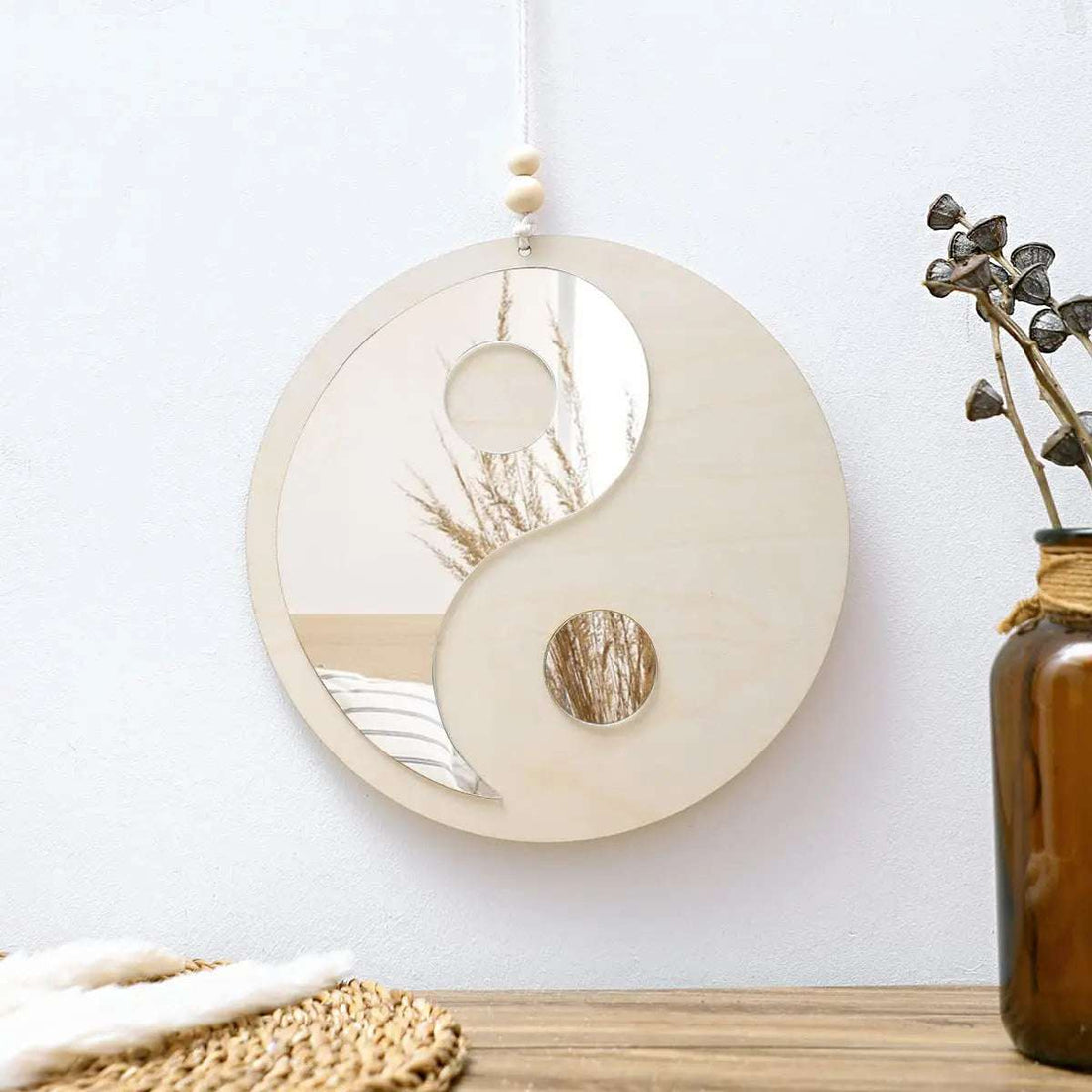Wooden Mirror Home Decor Boho Wall Mirrors for Living Room Bedroom Tai Chi Yin Yang Wood Mirrors Room House Feng Shui Decoration Writings On The Wall 