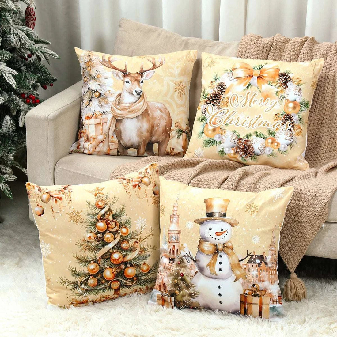 4pcs Merry Christmas Cushion Cover Home Decorations 2025 Christmas Ornament Pillow Case Xmas Navidad Gifts New Year Gifts 2026 Writings On The Wall 