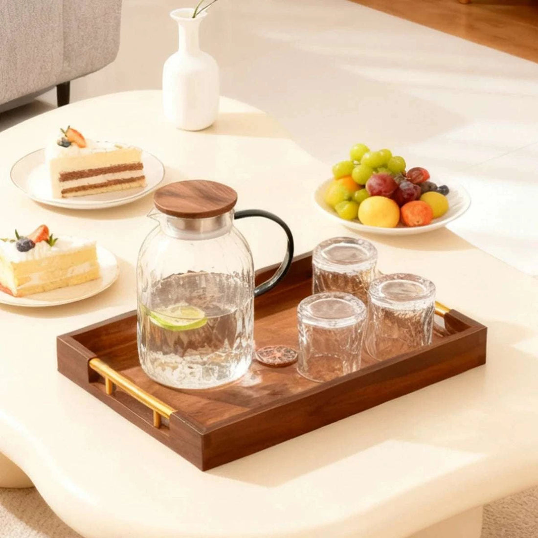 Solid Wood Rectangle Serving Tray with Gold Metal Handles - Coffee Table Ottoman Kitchen Decor 17.7x11.8'' Brown Writings On The Wall 